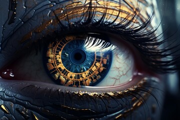 Bionic eye with intricate golden details on a blue mechanical iris, representing futuristic technology