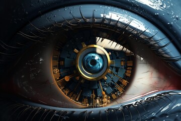 Futuristic cyborg eye featuring gears, roman numerals, and advanced digital technology
