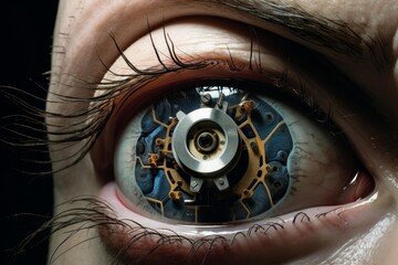 Human eye merging with intricate clockwork mechanism and electronics representing advanced cybernetics