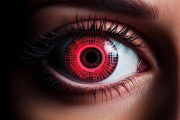 Close up of a futuristic bionic eye visualizing data with a red digital grid