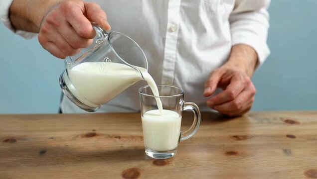 fresh dairy med 4K close up footage of milk being poured from jug into clear glass on wooden table against light blue background with copy space for branding or