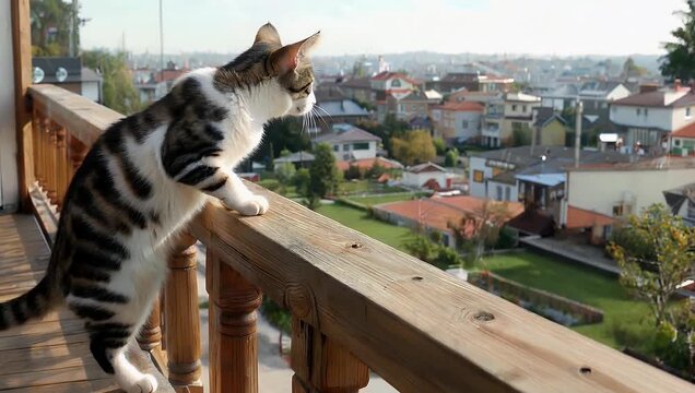 cinematic 4K slow motion close up of spotted cat standing on balcony gazing toward city view while garden blurs softly in background creating contemplative urban pet