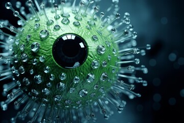 Green germ organism with a viewing eye and liquid droplets on its surface