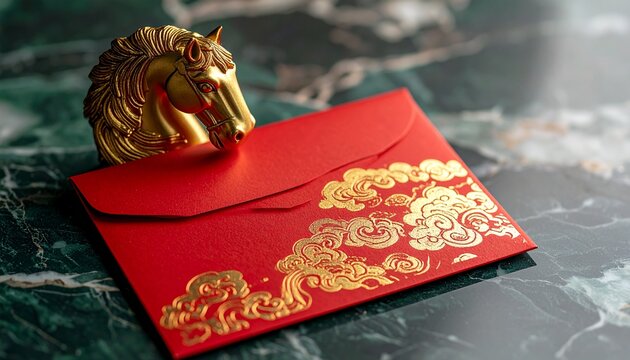 Red envelope with golden horse ornament on jade surface, symbolizing Chinese New Year Year of the Horse, prosperity, luck, and traditional festive elegance.