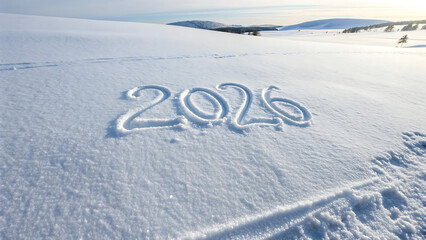 New year 2026 written in snow on a frozen lake or field
