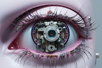 Pink anthropomorphic robot eye revealing intricate mechanical and optical components