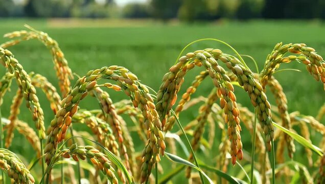 natural agriculture focused 4K close up video of ripe golden millet plants swaying gracefully under bright sunlight surrounded by lively green vegetation symbolizing harvest growth and rural