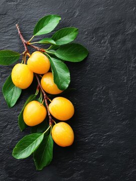 Yellow plums hang from a branch with green leaves against a dark background. The natural light highlights the fruit and leaves. The scene shows the freshness of the plums