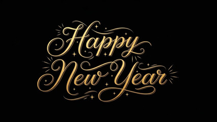 Happy New Year Golden Calligraphy Text on Black Background with Sparkles