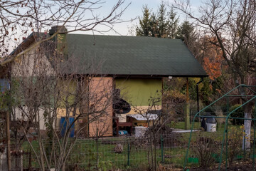 Mały domek działkowy z zielonym dachem położony jest wśród jesiennych drzew i krzewów. Konstrukcja ma skromny design, z jasnozielonymi ścianami i ogrodzonym ogrodem. Wewnątrz  rosną nagie drzewa © Grzegorz
