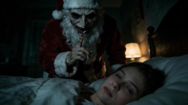 Woman sleeping in bed as scary santa approaches, peeks over, and gives a shush; a creepy Christmas horror story with a monster.