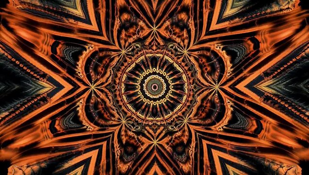 Abstract 4K stock video showcasing vibrant highly symmetrical mandala design characterized by bold contrasting orange and black patterns set against richly textured background creating detailed