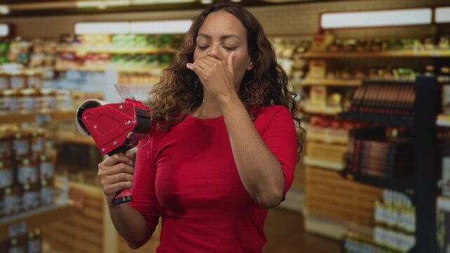 Woman holding tape dispenser with red handle, hand covering mouth in a grocery building; surprise caution.