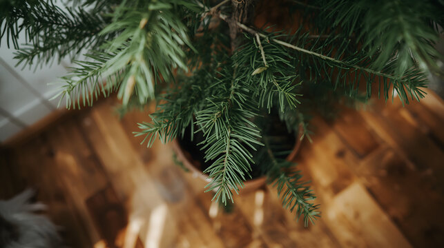 A close-up view of the top of an Araucaria heterophylla tree, commonly known as a Norfolk Island pine, placed in a room with a rustic pine floor, the tree's lush green foliage and unique branching pat