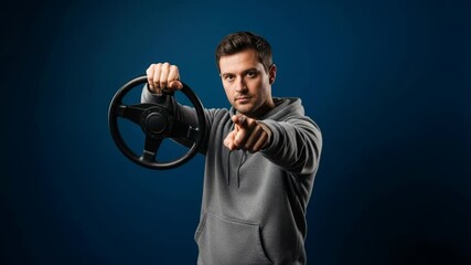Confident driver gestures towards camera with steering wheel on blue background