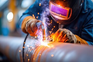 Welder working on metal pipe with sparks flying