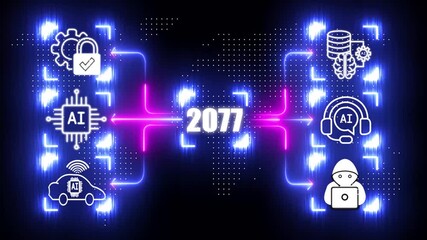 2077 big data modern neon network privacy robot bank business, digital, document finance abstract agreement ai, analysis global network for 2077 years motion MAP graphics video.