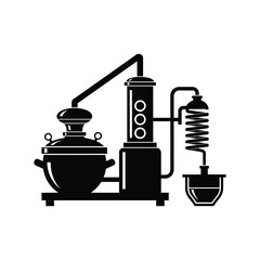 Detailed illustration of a vintage alchemy still apparatus in black a striking silhouette