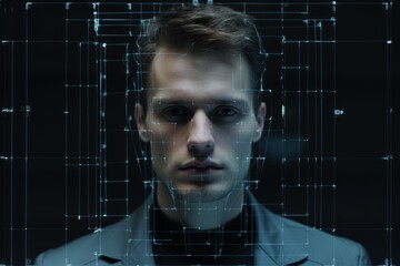 Man looking directly at camera with glowing facial recognition grid overlay