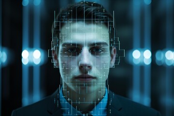 Man's face scanning for biometric identification and artificial intelligence security