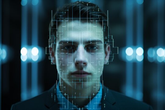 Man's face scanning for biometric identification and artificial intelligence security - Powered by Adobe