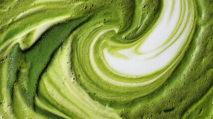 A mixture of matcha and milk is swirling together in a bowl. The colors blend to create a gradient of green and white. This shows the process of making a drink at home in the morning.