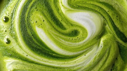 A close up view shows green liquid with white foam swirled in a cup. This drink is matcha made from powdered green tea blended with milk. The vibrant colors come from the matcha. © mila103