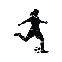 A dynamic female soccer player in action kicking a ball with energy silhouette