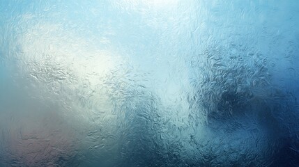 A close view shows water droplets on a glass surface creating a blurred image of a landscape outside. Light filters through the glass showing shapes and colors.