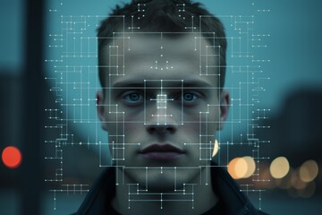 Man's face with a digital grid overlay indicating facial recognition and artificial intelligence