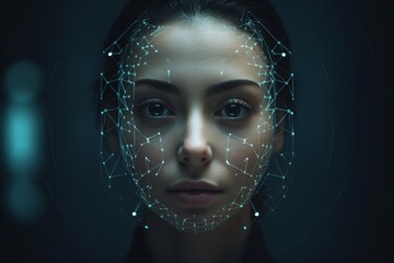 Woman's face displaying a digital mesh for biometric facial recognition technology