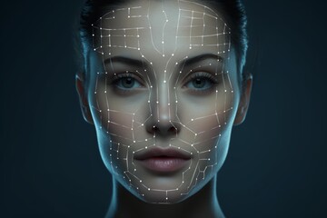 Female face with a digital grid representing biometric scanning and artificial intelligence
