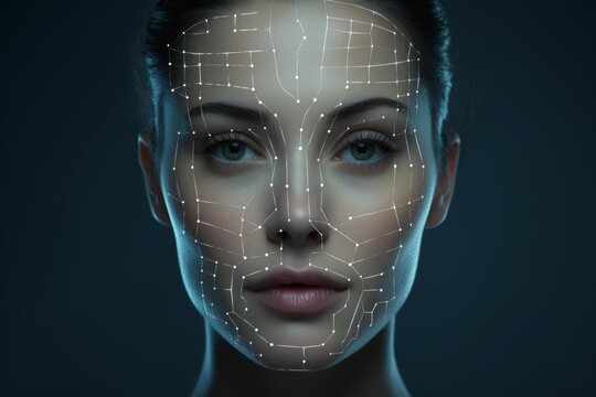 Female face with a digital grid representing biometric scanning and artificial intelligence - Powered by Adobe
