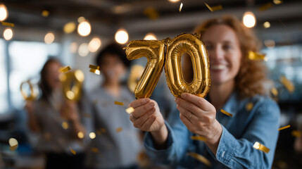 Faceless business team celebrating major milestone achievement in office party heavily defocused background with confetti falling anonymous colleagues holding large foil number
