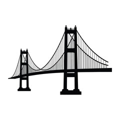 Detailed illustration of a suspension bridge structure in black and white silhouette