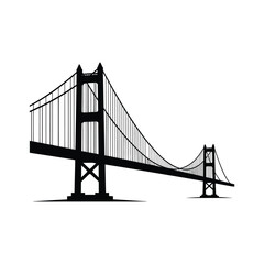 A striking black and white depiction of a suspension bridge a bold silhouette
