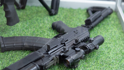 Weapon equipment summary, Overview of gun hardware and related accessories on display, Comprehensive presentation of firearm components including accessories and configurations