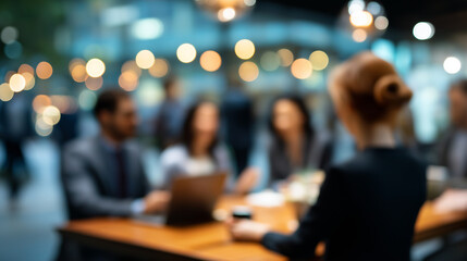 Professional workplace and lifestyle compilation heavily defocused various office and urban backgrounds faceless people in business meetings and technology work collaborative