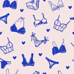 Hand drawn vector seamless pattern of female underwear. Illustration includes various bra styles, sports bras, panties, and lingerie tops. Perfect for fashion, branding, and design.