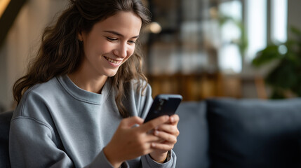 Faceless happy young woman using mobile apps in living room heavily defocused home background anonymous female using smartphone sitting on couch messaging online shopping
