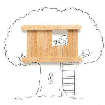 Conceptual smiling Boy sitting in a treehouse in a tree waving