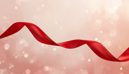 Elegant Red Ribbon Twisting Across Soft Pink Background for Celebrations, Romantic Gift Decor Wedding Scenes.