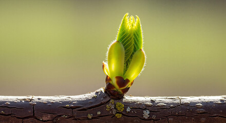 Translucent vernal shoot bursting with energy unfurling on textured bough symbolizing renewal against blurred verdant backdrop with copy space