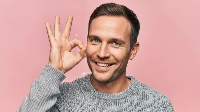 Happy man gesturing ok sign against pastel pink background in sequence of natural expressions