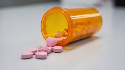 Overturned amber vial scattering pastel pink heart-shaped tablets on sterile white surface