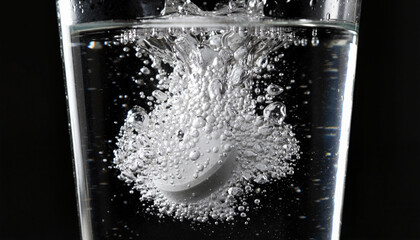 Effervescent round tablet vigorously dissolving into dense cloud of fizzing bubbles within clear glass tumbler against pitch black backdrop