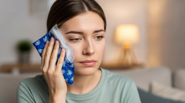 Woman applying cold pack to soothe jaw pain at home in relaxed setting