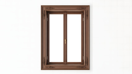 Fototapeta premium Brown Window Frame: An elegant brown window frame, artfully designed with intricate detailing, provides a captivating glimpse to the outside world.