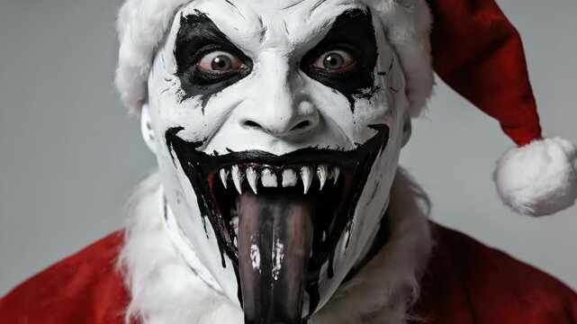 Man in scary santa costume with sharp teeth displays an aggressive expression then sticks out tongue. Bad santa horror concept.