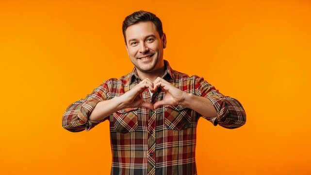 Man expresses heartfelt gesture on vibrant orange background with joyful smiles
